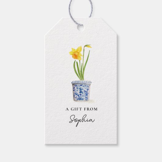 Narcis in blauwe en witte pot cadeaulabel (Voorkant)