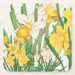 Narcissen-houtsnijwerk-schilderij, Tanigami Kônan, Vierkante Kartonnen Onderzetter