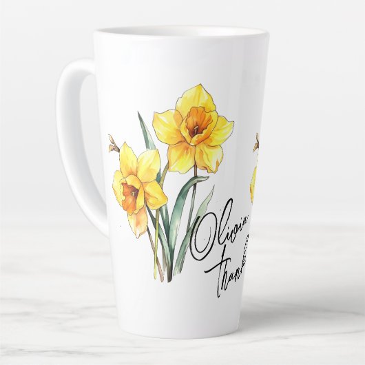 Narcissus "Dank je!" Bewerkbare slogan en naam Latte Mok (Linkerhoek)