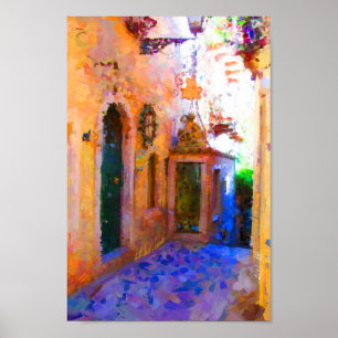 Narrow Street in Taormina Italië Gele Paarse kunst Poster