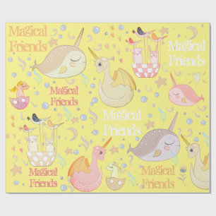 Narwal en Draken Vrienden Geel Gepersonaliseerd Cadeaupapier