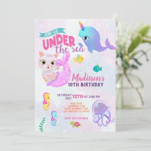 Narwal Kat Meermin Purrmaids Verjaardagsuitnodigin Kaart (Staand voorkant)