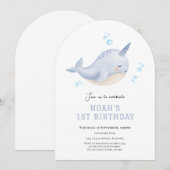 Narwal Onder het zee eerste verjaardag uitnodiging (Voorkant / Achterkant)