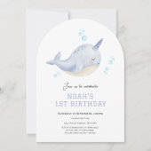 Narwal Onder het zee eerste verjaardag uitnodiging (Voorkant)