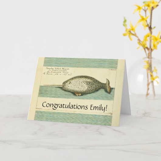 Narwhal Antiek walvis Waterverf Scientific Art Kaart (Gele Bloem)