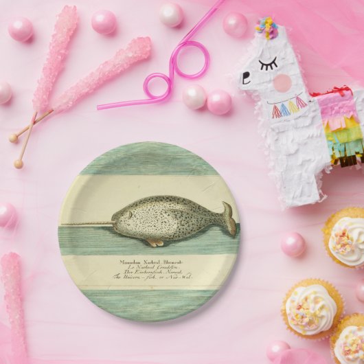 Narwhal Antiek walvis Waterverf Scientific Art Papieren Bordje (Feest)