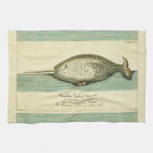 Narwhal Antiek walvis Waterverf Scientific Art Theedoek