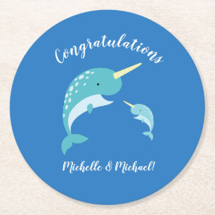 Narwhal Baby shower Blue Boy Cute Ronde Kartonnen Onderzetter