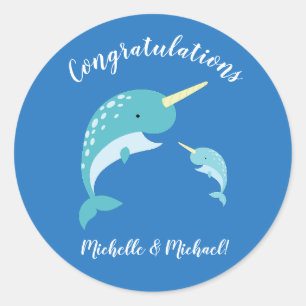 Narwhal Baby shower Blue Boy Cute Ronde Sticker