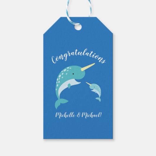 Narwhal Baby shower Blue Boy Whale Cadeaulabel (Voorkant)