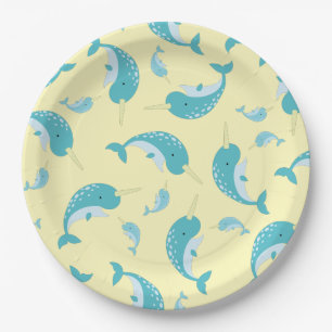 Narwhal Baby shower Geel Geslacht Neutrale Whale Papieren Bordje