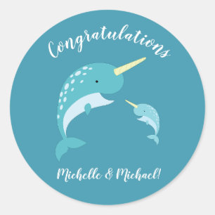 Narwhal Baby shower Geel Geslacht Neutrale Whale Ronde Sticker