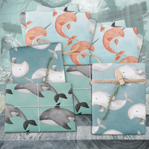 Narwhal Beluga-walvissen onder de diepblauwe zee Inpakpapier Vel