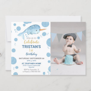 Narwhal Birthday Photo Invitation Boy Kaart