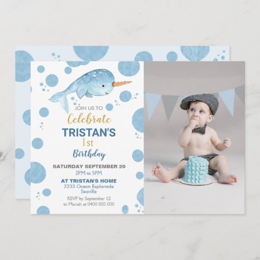 Narwhal Birthday Photo Invitation garçon (Devant / Derrière)