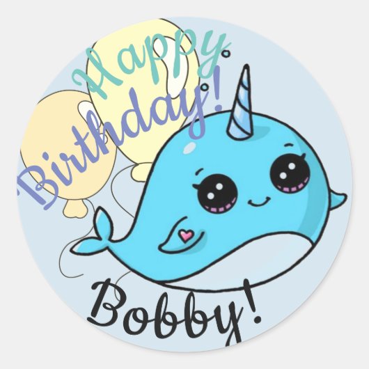 Narwhal Birthday Stickers gepersonaliseerd (Voorkant)