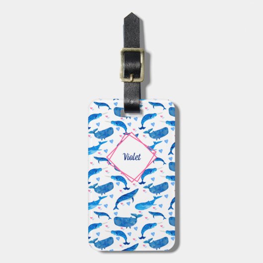Narwhal Blue Whale & Heart Pattern, gepersonalisee Bagagelabel (Voorkant verticaal)