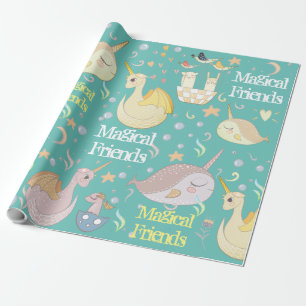 Narwhal en Dragon Friends Blauwgroen gepersonalise Cadeaupapier