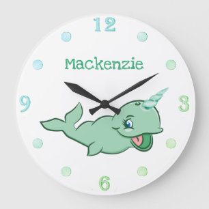 Narwhal Green   Cute Mint Chibi Cartoon Gepersonal Grote Klok