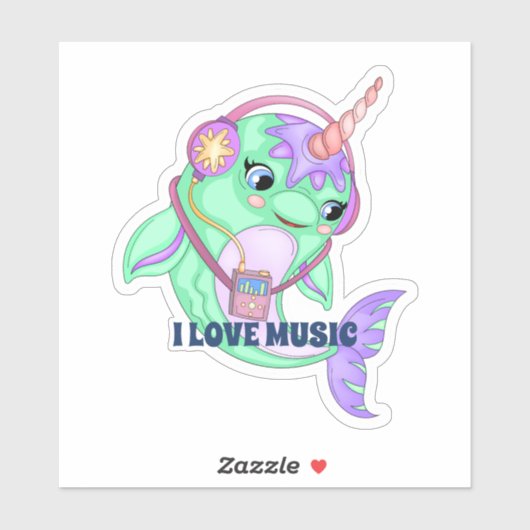 Narwhal Ik hou van muziek Sticker (Vel)