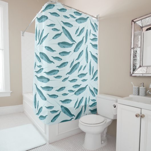 Narwhal in Blue Ocean Pattern Douchegordijn (In situ)