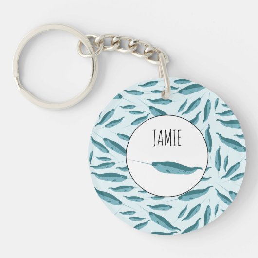 Narwhal in Blue Ocean Pattern Sleutelhanger (Voorkant)
