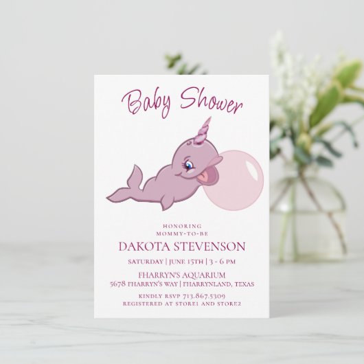 Narwhal Pink | Girly Kawaii Chibi Bubblegum Shower Kaart (Staand voorkant)