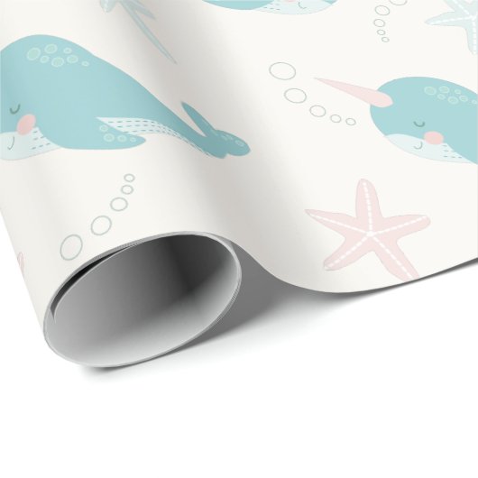 Narwhal & Starfish Patroon Wit Cadeaupapier (Rol Hoek)