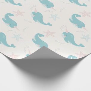 Narwhal & Starfish Pattern White Cadeaupapier