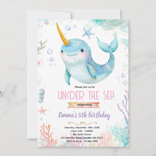 Narwhal theme party invitation (Devant)