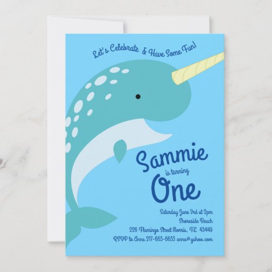Narwhals Océan 1er anniversaire Invitations (Devant)