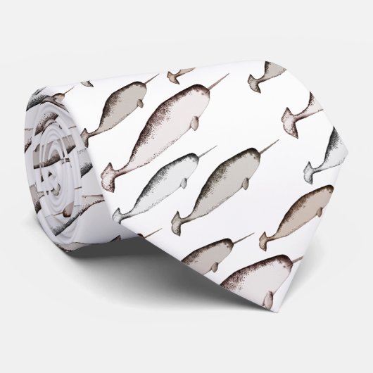 Narwhals Swim - Narwhal Pattern White Stropdas (Opgerold)