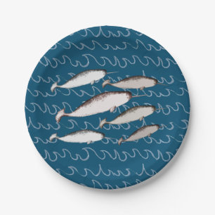 Narwhals Swim Waves Draaiende Patroonwalvis Blauw Papieren Bordje
