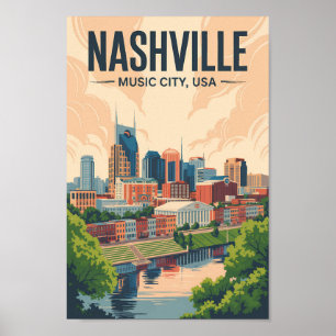 Nashville Tennessee Skyline Reis Kunst Vintage Poster