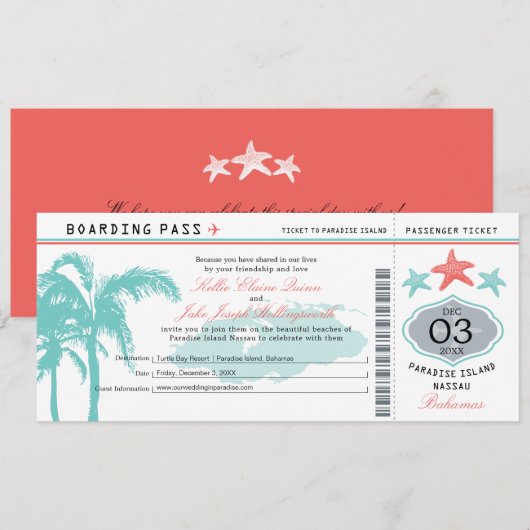 Nassau Bahamas Wedding Boarding Pass Kaart (Voorkant / Achterkant)