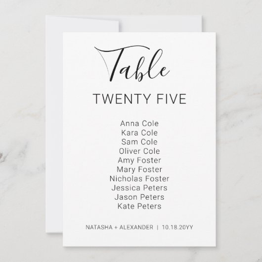 Natasha Modern Wedding Table Seating Chart Kaart (Voorkant)