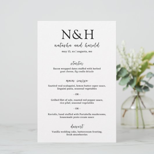 Natasha Monogram Menu Mariage moderne (Debout devant)