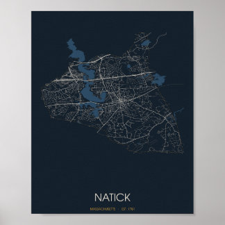 Natick Massachusetts Straatkaart Poster (Nacht)