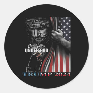 Natie onder God Trump 2024 God Amerikaanse vlag 1 Ronde Sticker