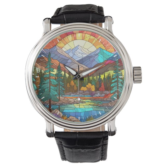 Nationaal Glas in lood Rocky Mountain Horloge (Voorkant)