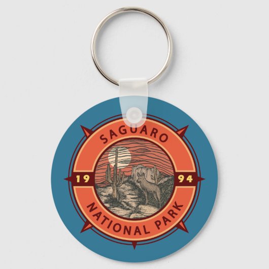 Nationaal Park Coyote Retro Compass Embleem Sleutelhanger (Voorkant)