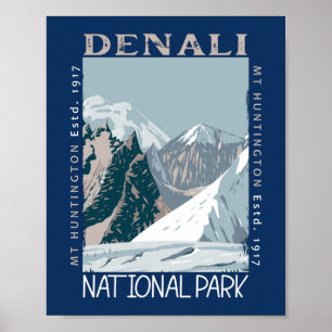 Nationaal park Denali Alaska Mount Huntington Retr Poster