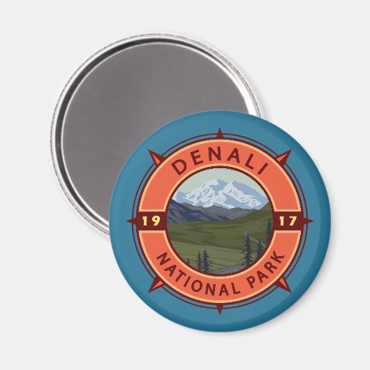 Nationaal park Denali Retro Compass Emblem Magneet (Voorkant / Achterkant)