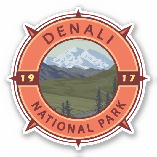 Nationaal park Denali Retro Compass Emblem Sticker (Voorkant)