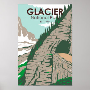 Nationaal park Glacier dat naar de Sun Road Retro Poster