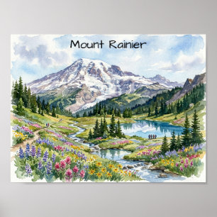 Nationaal Park Mount Rainier Aquarel Kunst Poster