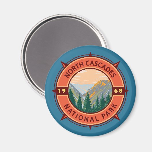 National Park Retro Compass Embleem North Cascades Magneet (Voorkant / Achterkant)