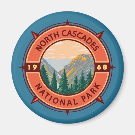National Park Retro Compass Embleem North Cascades Magneet (Voorkant)