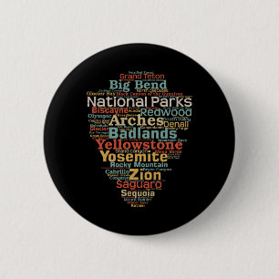 Nationale parken lijst Woordwolk Camping Wandelen Ronde Button 5,7 Cm