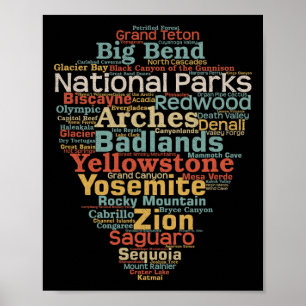 Nationale parken lijst woordwolk kamperen wandelen poster